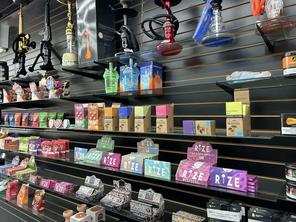 Mushroom chocolate bars displayed inside Imperial Beach Smoke and Market