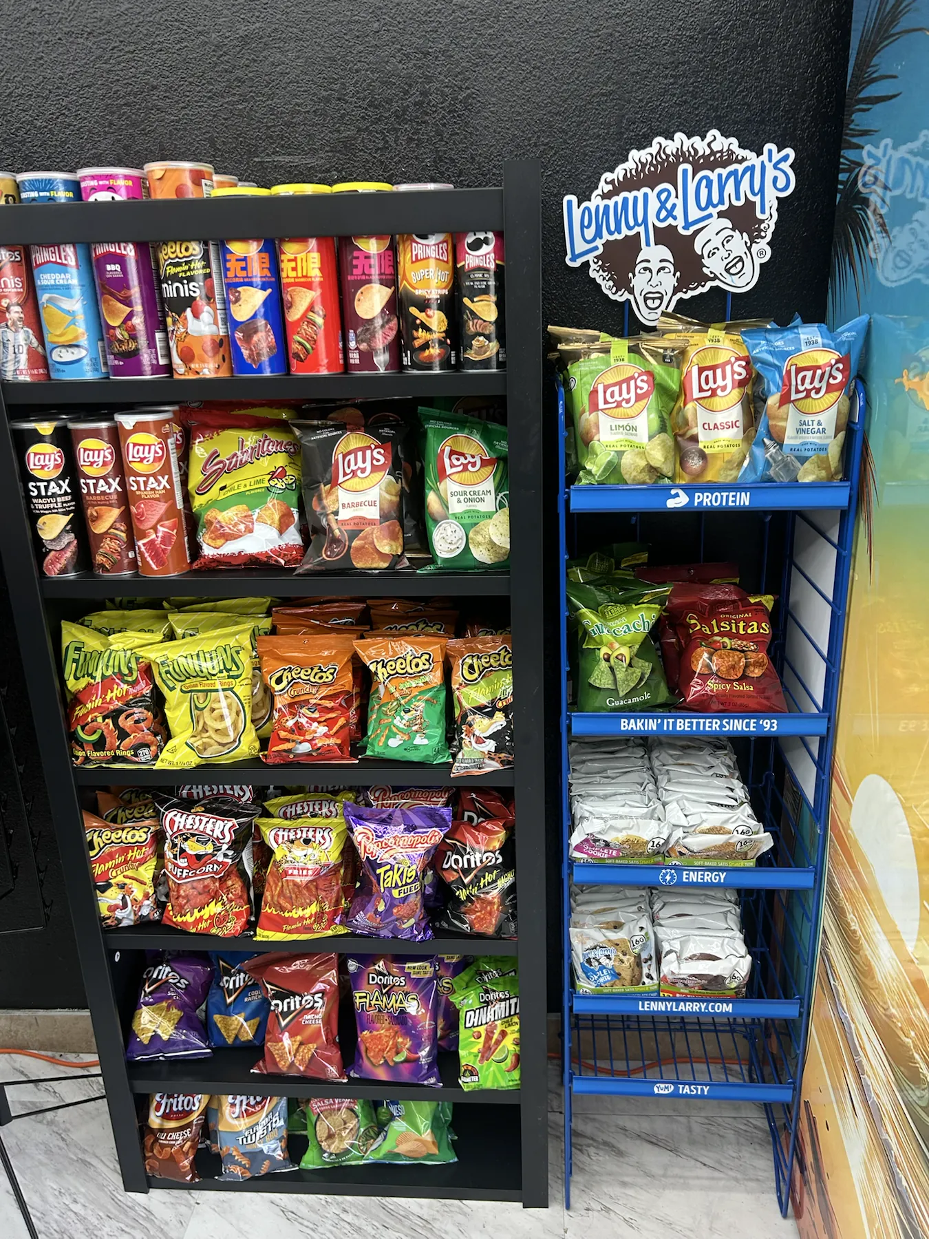 Colorful display of chips and convenience-store snacks